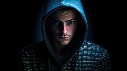 Dangerous hacker with hooded sweater against a black - obrazy, fototapety, plakaty