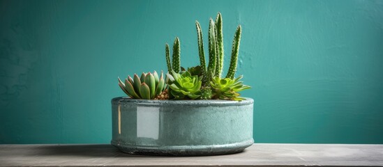 A small container holds three different types of succulent plants with green leaves and varying shapes in a indoor setting