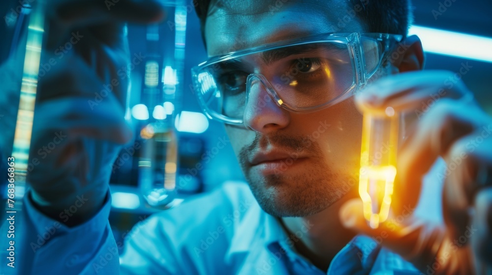 Poster in a lab filled with test tubes and microscopes a scientist holds a small transparent solar cell up 