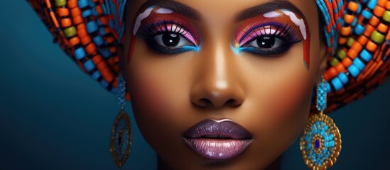 A closeup image of a woman with blue and purple eyeshadow, eyeliner, and long eyelashes. She is wearing a turban, earrings, with a focus on her lips, chin, and eyebrows, complete makeover - obrazy, fototapety, plakaty