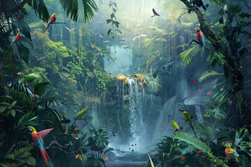 Fototapeta na wymiar lush green rainforest with a waterfall
