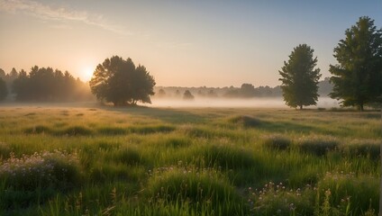Fototapeta premium An expansive scene of a neatly trimmed meadow, bathed in the soft glow of sunrise and veiled by a light fog, capturing the peaceful ambiance of early summer Generative AI