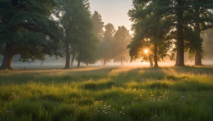Fototapeta na wymiar An expansive scene of a neatly trimmed meadow, bathed in the soft glow of sunrise and veiled by a light fog, capturing the peaceful ambiance of early summer Generative AI