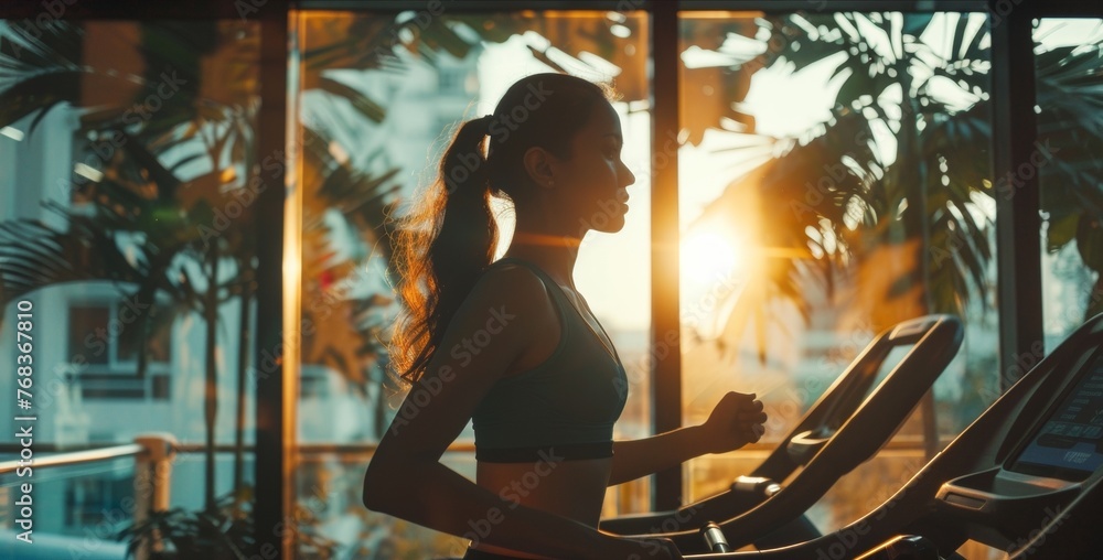 Poster a woman walking on a treadmill in front of a large window allowing natural sunlight to illuminate th