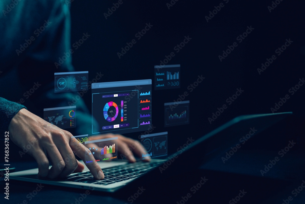 Poster analyst manages the system database, analysis data plans, and reports. shows a dashboard chart on th