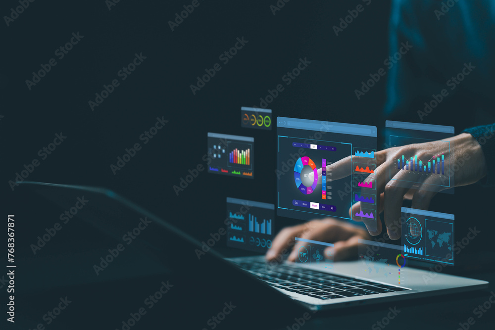 Poster analyst manages the system database, analysis data plans, and reports. shows a dashboard chart on th