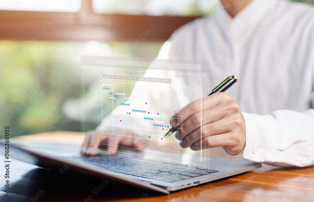Poster updating and managing milestones on a timeline Gantt chart in technology online. concept project planner in software. schedule plan management work update and workflow. appointment staff of business