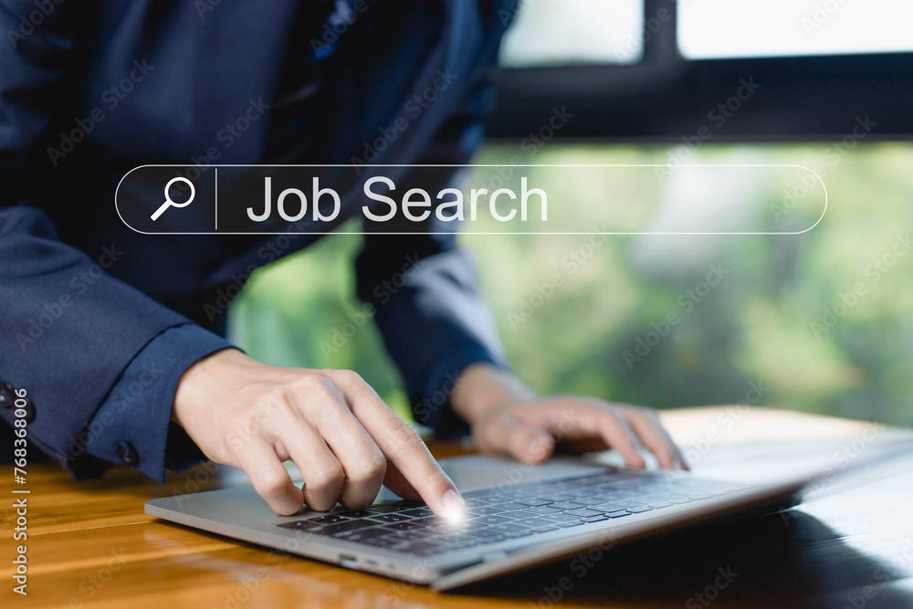 Poster search for jobs on the internet technology. finding a career from computers, and business connection