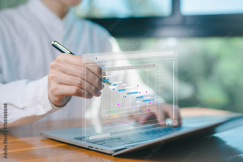 Poster updating and managing milestones on a timeline Gantt chart in technology online. concept project planner in software. schedule plan management work update and workflow. appointment staff of business