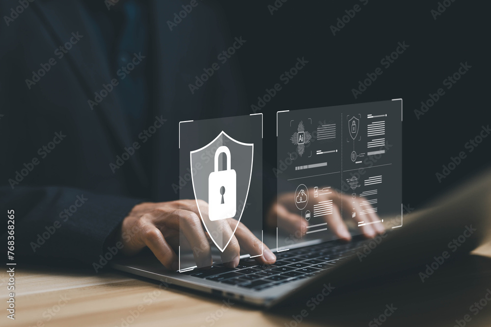 Poster password security and privacy on an online system, cybersecurity internet. lock mark protect attacks