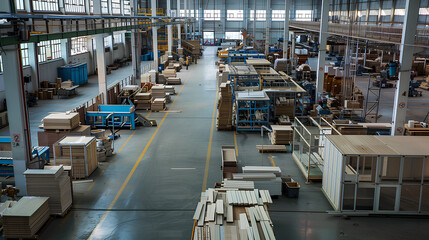 Fototapeta premium A large open space with many tables and chairs. The tables are made of wood and are arranged in rows. The scene is one of productivity and hard work
