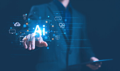 AI digital technology, smart robot conversation, and bot artificial intelligence are open for customers. concept of chatbot generates the information command prompt and AI chat business communication.