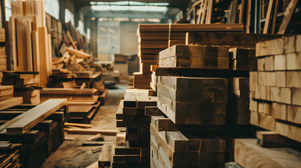 A large warehouse filled with wood and a lot of space. The scene is somewhat bleak and empty