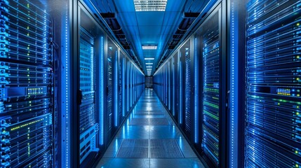 Blue-lit data center with server racks.