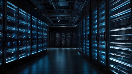 Fototapeta premium State-of-the-Art Data Processing Facility with Rows of Server Racks in a Darkened Room, Accented by Striking VFX Lighting Generative AI