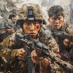 Soldiers depicted in Acrylics illustration Art exude a sense of heroism and nobility, standing tall against the backdrop of war, super detailed