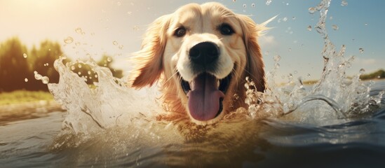 A Labrador Retriever, a carnivore and member of the Sporting Group, leaps into the water. This companion dog is a working animal with a wet snout - Powered by Adobe
