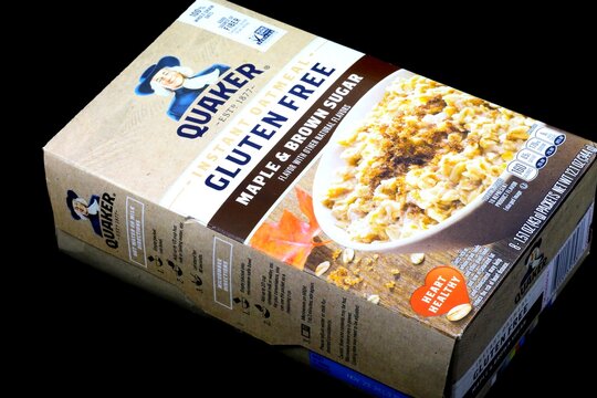 Box of Quaker Oats brand oatmeal, Glutten Free. It has been owned by PepsiCo. Cleveland, Ohio, USA - March 28