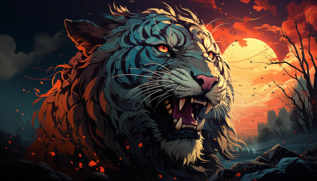 Tiger neon portrait in pop style art illustration wallpaper image background created with a generative ai technology 