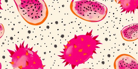 Pink Dragon Fruit Pattern on Beige Background