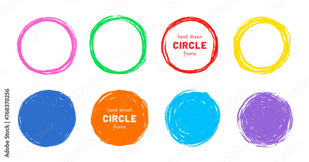 Leinwandbilder scribble circle round vector frame. hand drawn rough scribble effect line. children color crayon bru