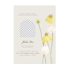 Floral funeral invitation template, minimalist tulips and cutleaf coneflower on light brown background - 768370420