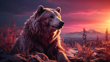 Beautiful bear at sunset wallpaper image background created with a generative ai technology - 768370421