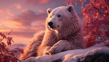 Beautiful bear at sunset wallpaper image background created with a generative ai technology - 768370432