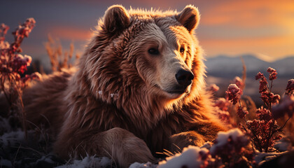 Beautiful bear at sunset wallpaper image background created with a generative ai technology - 768370460