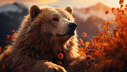 Beautiful bear at sunset wallpaper image background created with a generative ai technology