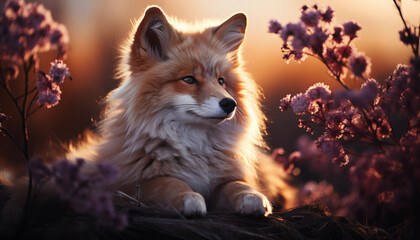 cute Baby fox at sunset wallpaper image background created with a generative ai technology - 768370485