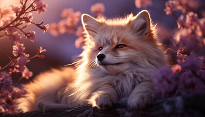cute Baby fox at sunset wallpaper image background created with a generative ai technology - 768370487