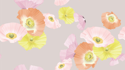 Floral seamless pattern, colorful poppy flowers on light brown background - 768370490