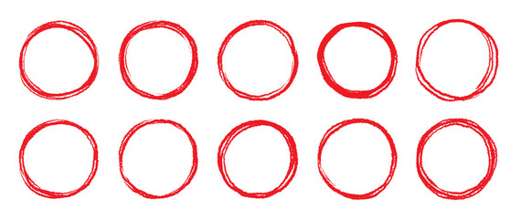Round brush stroke red stamp vector frame. Hand drawn rough scribble red effect line. Paint color crayon brush stroke frame. Scribble hand drawn grunge doodle circle set. Vector illustration