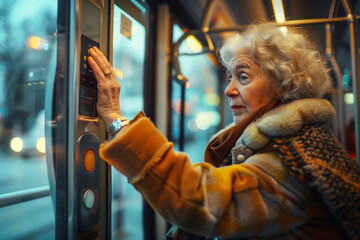 An elderly woman with curly gray hair and a warm scarf is captured in a candid moment as she operates a public transport ticket machine.