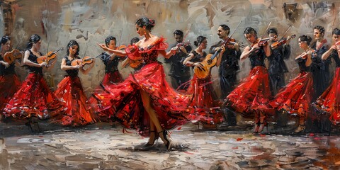 A woman in a red dress is dancing in front of a group of people playing instruments. The painting captures the energy and excitement of a traditional Spanish fiesta