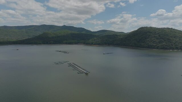 Cage Tilapia fish farming, Hatillo dam in Dominican Republic. Aerial forward