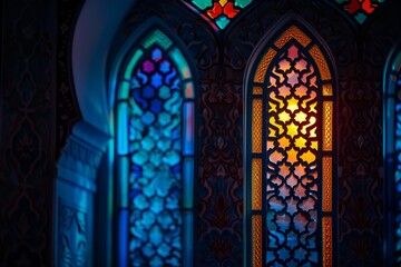 The stained glass window is colorful and has a warm glow
