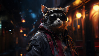 Cyberpunk Cat with glasses in cyberpunk city at night created with a  Generative AI technology - 768371019