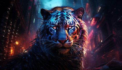 Tiger neon portrait in pop style art illustration wallpaper image background created with a generative ai technology  - 768371055