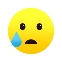Sad emoji with tear. Unhappy, crying face. Melancholy emoticon. Vector illustration. EPS 10.