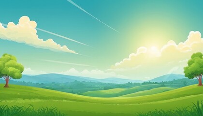 Fototapeta premium Springtime Serenity: A Panoramic View of Green Fields and Blue Skies