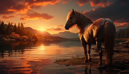 Beautiful horse at sunset wallpaper image created with a genrative ai technology  - 768371268