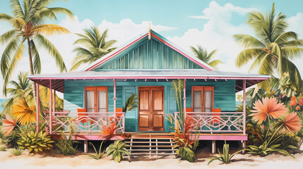maison turquoise avec sa balustrade blanche sur la plage - obrazy, fototapety, plakaty