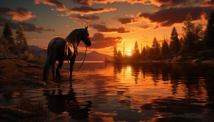 Beautiful horse at sunset wallpaper image created with a genrative ai technology  - 768371297
