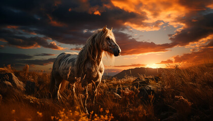 Beautiful horse at sunset wallpaper image created with a genrative ai technology  - 768371418