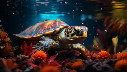 Beautiful colorful turtle underwater wallpaper image background created with a generative ai technology - obrazy, fototapety, plakaty