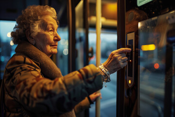 An elderly woman with curly gray hair and a warm scarf is captured in a candid moment as she operates a public transport ticket machine.