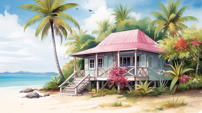 Aquarelle d'une maison tropical