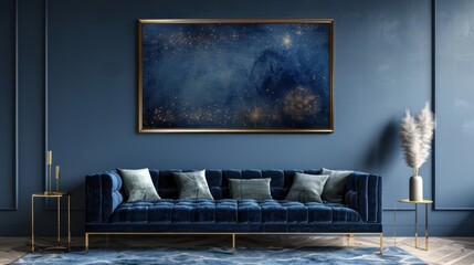 A blue couch sits in front of a framed painting of a starry night.